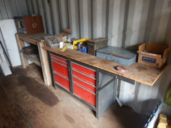 TOOLBOX WITH MISC. TOOLS, HYDRAULIC FITTINGS, TOOLS AND WOODEN SHELF