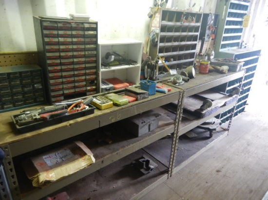 (2) SECTION OF METAL SHELVING, FURNITURE DOLLY AND MISC. TOOLS