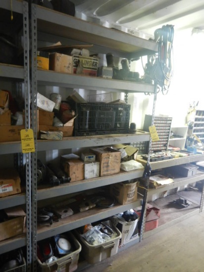 (1) SECTION METAL SHELVING, LIGHTS, BELTS AND MISC. TRUCK PARTS