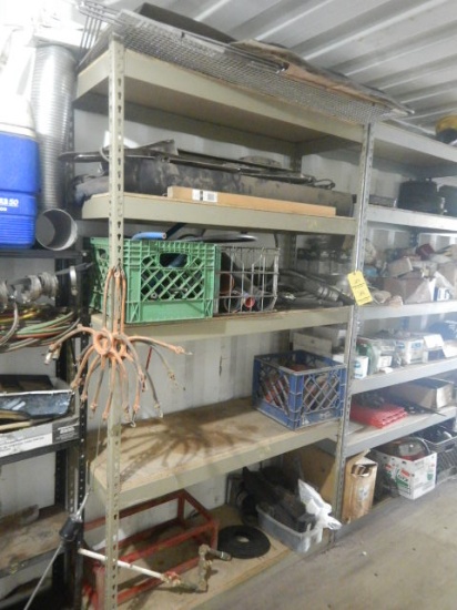 (1) SECTION OF METAL SHELVING WITH HYDRAULIC HOSES AND TRUCK PARTS