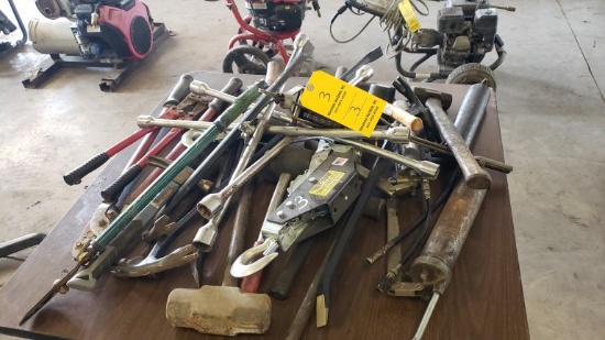LOT OF HAMMERS, PRY BARS, COME ALONG,  & MISCELLANEOUS