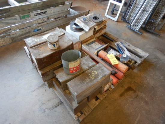 PALLET WITH WELDING WIRE, RODS, ROD HOLDER & MISC.