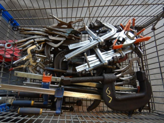 SHOPPING CART W/ C-CLAMPS, BAR CLAMPS & MISC.