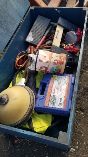 WOODEN STORAGE BOX,  4' X 2', WITH AUTO PARTS & TOOLS