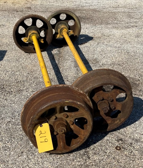 (2) Rail Push cart axle assemblies, (2) cast wheels, (2) stamped wheels,, L