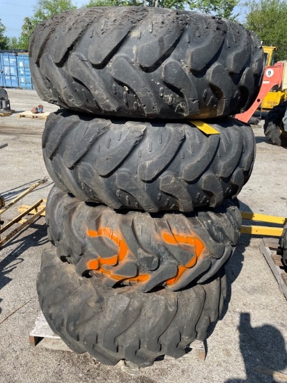 (4) Tires 16.9X24 and rims, Pnuematic, fits  JCB 4CX RTB, LOAD OUT FEE $20