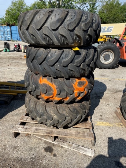 (4) Tires 16.9X24 and rims, Pnuematic, fits  JCB 4CX RTB, See pic on spike