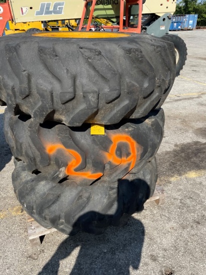 (3) Tires 16.9X24 and rims, Pnuematic, fits  JCB 4CX RTB, LOAD OUT FEE $20