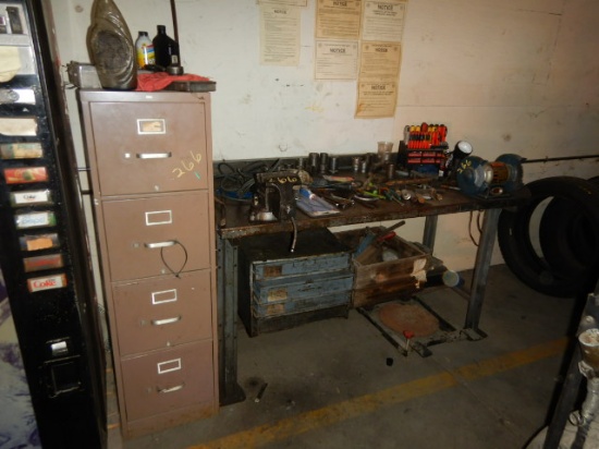 META WORK BENCH WITH RYOBI BENCH GRINDER, VISE, SOCKETS, WIRE NUTS, HAND TO