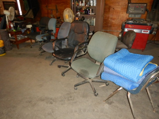 CHAIRS, WOODEN END TABLE, MOVING BLANKETS