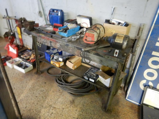 WORK TABE WITH GRINDER, VISE, BATTERY CHARGER, JUMP PACK, TOOLS,  & MISCELL