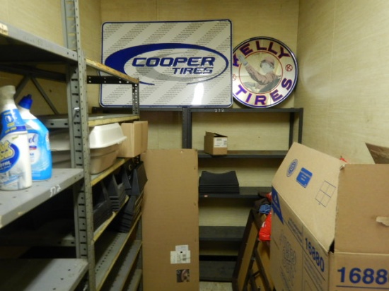 (4) METAL SHELVES, (5) FOLDING TABLES, LOCKING FLOOR MATS, WOODEN FILE CABI