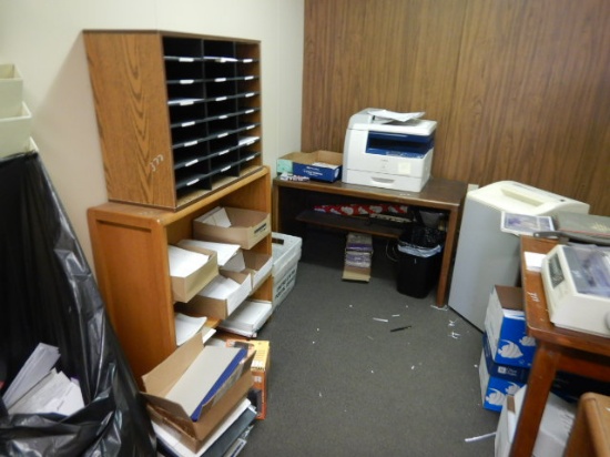 WOODEN TABLES, CABINETS, DOT MATRIX PRINTER,  & MISCELLANEOUS