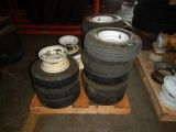 PALLET WITH SMALL METAL WHEELS AND TIRES,  4.80 - 8 AND OTHER SIZES