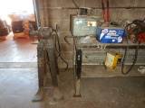 (2) WORK TABLES, MICROWAVE, SHOP FAN, BENCH GRINDERS, SAWS, VISE,  & MISCEL