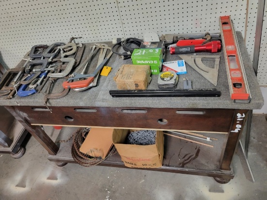 (2) LOTS OF ELECTRIC TOOLS, LEVELS, CLAMPS, NAILS, FAN,  AND MISCELLANEOUS