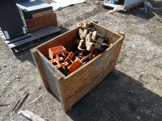 CRATE OF TIE DOWN HOOKS/ANCHORS & OVERHEAD ROLLERS
