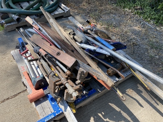 LARGE LOT OF MISC TOOLS,  LEVELS, HAMMAERS, CLAMPS, ETC.