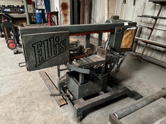 ELLIS 1800 MITRE BAND SAW,  SINGLE PHASE, WITH ROLLER CONVEYORS S# 18001470