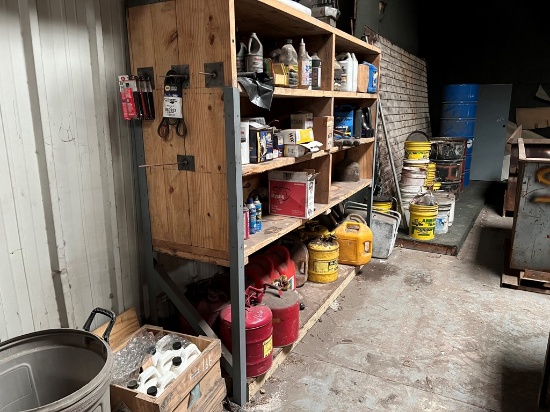 LOT WITH 55-GALLON DRUMS, FUEL CANS, SHELF, FLUIDS, 5-GALLON BUCKETS  & MIS