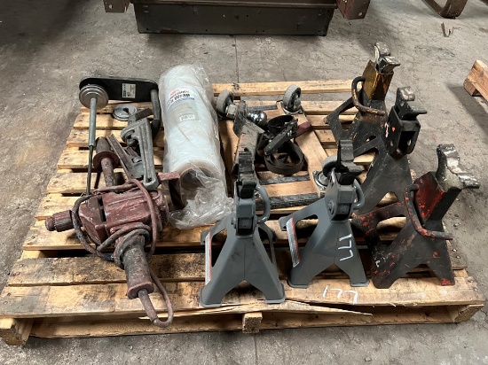 PALLET WITH JACK STANDS, HITCHES,  & MISCELLANEOUS
