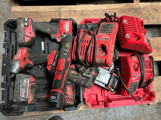LOT OF MILWAUKEE CORDLESS TOOLS, CHARGERS, AND BATTERIES