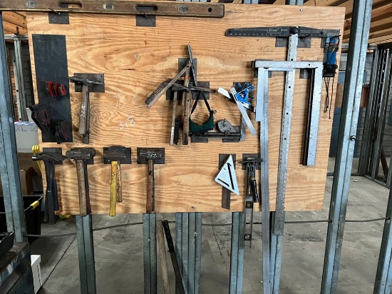 TOOLS ON WALL,  HAMMERS, WIRE BRUSHES, & MISCELLANEOUS