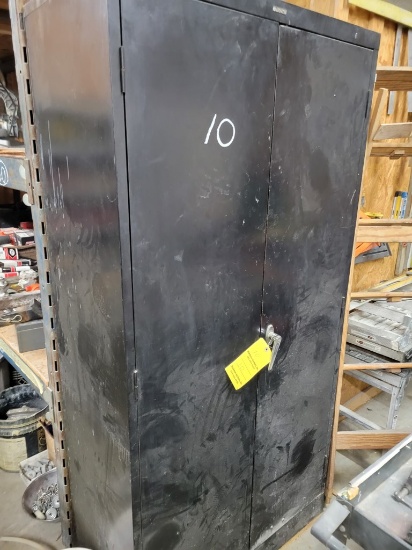 BLACK METAL CABINET AND CONTENTS, SAW BLADES, PROPANE TORCHES, SANDING DISC