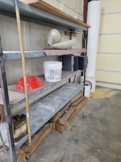 METAL SHELF WITH STEREO, PLANE WHEEL FENDER, COLUMN MOLD,  & MISCELLANEOUS