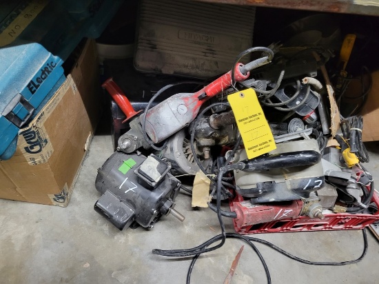 BROKEN POWER TOOLS, ELECTRIC MOTORS,  & MISCELLANEOUS (ON FLOOR UNDER SHELF