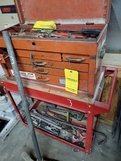ROLLING CART WITH TOOLBOX AND CONTENTS, SCREWDRIVERS. SOCKETS, WRENCHES, CO