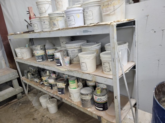 ROLL AROUND TABLES, (2) SHELFS WITH COLOR PIGMENTS,  & MISCELLANEOUS