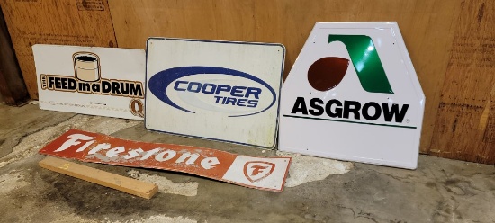(4) METAL ADVERTISING SIGNS,  COOPER TIRE, ASGROW, FIRESTONE AND FEED IN A