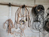 CONTENTS ON WALL :  LIFTING CABLES, HOOKS, TORCH HOSE, AIR HOSE, & MISCELLA