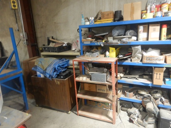 SHELVES AND CONTENTS :  MILLER CASE, PARTS, HOSE, LADDER FEET, METAL, MOPS,