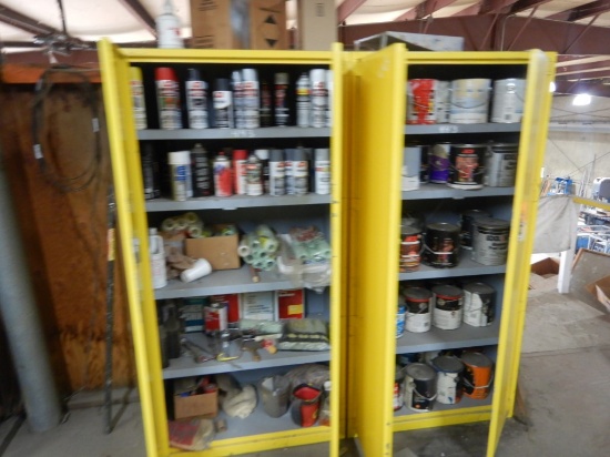 (2) YELLOW CABINETS  WITH PAINT & MISCELLANEOUS (LOCATED UPSTAIRS)