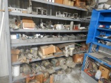 SHELVES AND CABINET  WITH TOOLING, LARGE DRILL BITS, ELECTRIC MOTORS, PARTS
