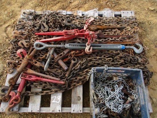 PALLET OF CHAINS W/ HOOKS & MISC