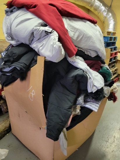 BOX WITH COATS, CLOTHES,  & MISCELLANEOUS
