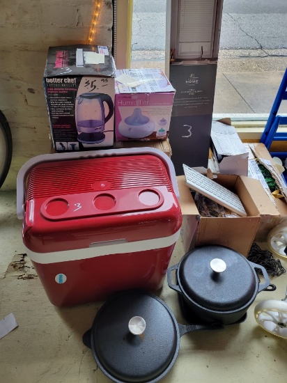 COOLER, CAST IRON POTS, BLINDS, CHAIR,  & MISCELLANEOUS