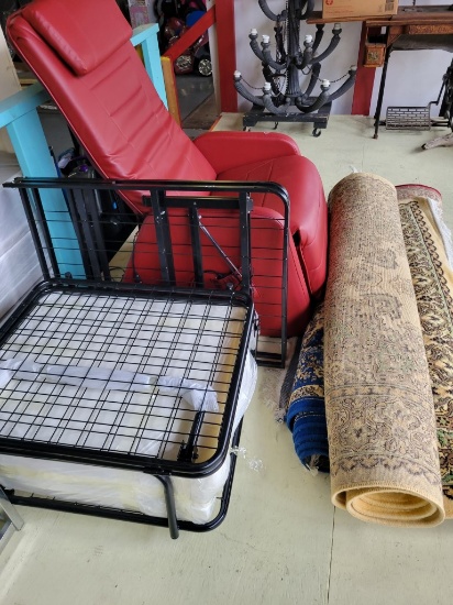 GLASS SHELF, RUGS, CHAIR,  & MISCELLANEOUS