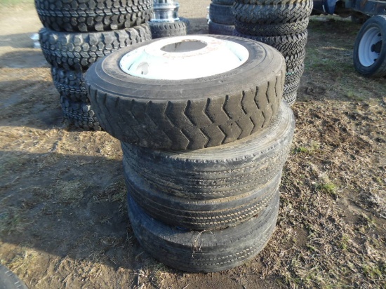 TIRES/WHEELS,  (4) R22.5 STEEL WHEELS & TIRES