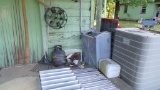 LOT OF METAL, AC UNIT, GLASS, ROLL OF FENCING, PROPANE BOTTLES & MISC AROUN