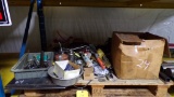 PALLET W/ OIL CANS, CASTER WHEELS, MISC METAL & MISC