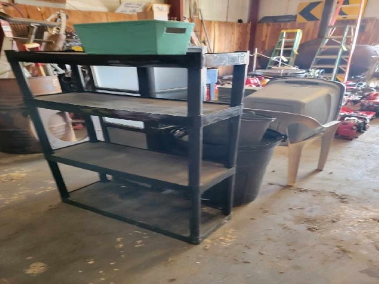 MISC LOT,  PLASTIC SHELF, DRAWER, CHAIRS AND MISC