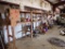WOODEN SHELF W/CONTENTS, RUBBER BOOTS, FLUIDS, HOSE AND MISC.