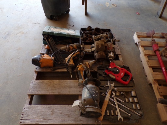 PALLET WITH MITER SAW, (2) 1" AIR WRENCHES, SOCKETS AND MISC