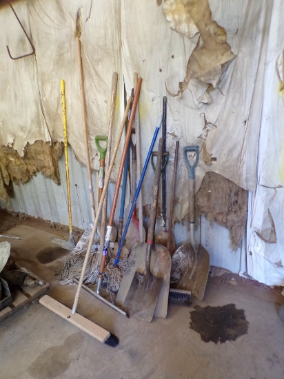 LOT WITH BROOMS, SHOVELS AND MISC