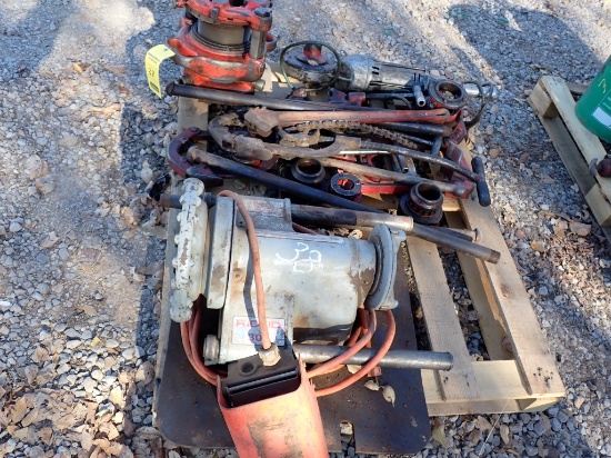PALLET WITH RIDGID PIPE CUTTERS, MODEL 300 PIPE THREADER AND MISC.