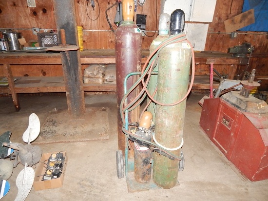 (4) - OXYGEN, ACETYLENE BOTTLES  WITH TORCH, GAUGES AND CART